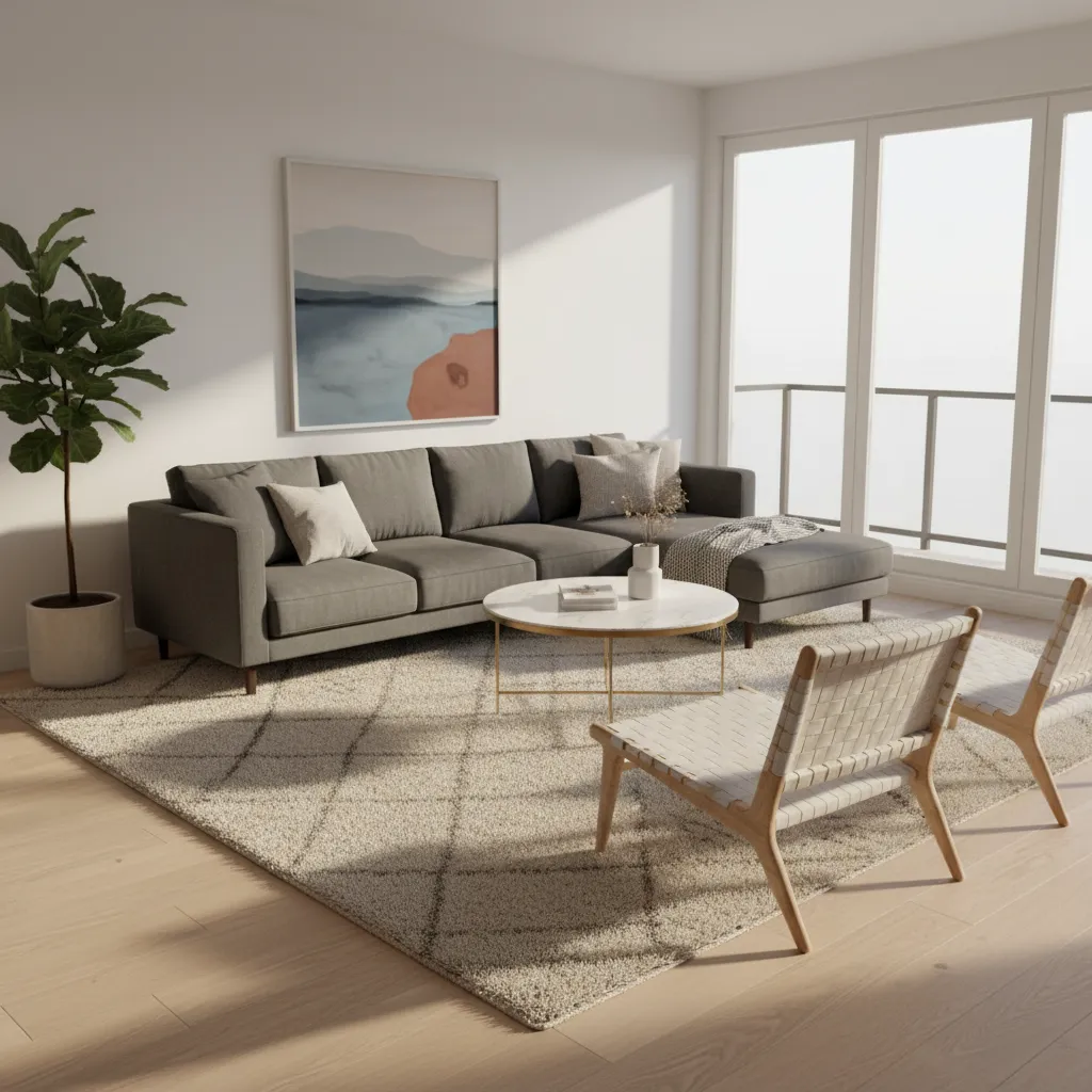 Large rug defining seating area in an open concept living room