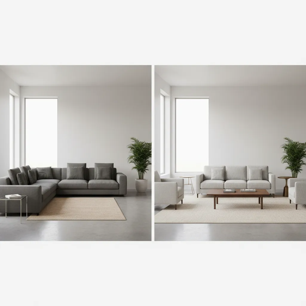 Comparison showing incorrect furniture scale versus balanced living room design