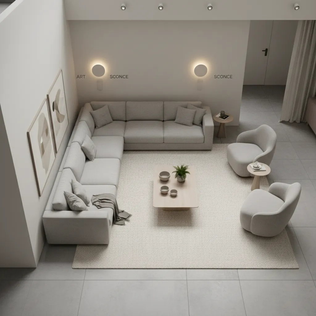 Living room wall lighting layout showing sconce placement near sofa and artwork