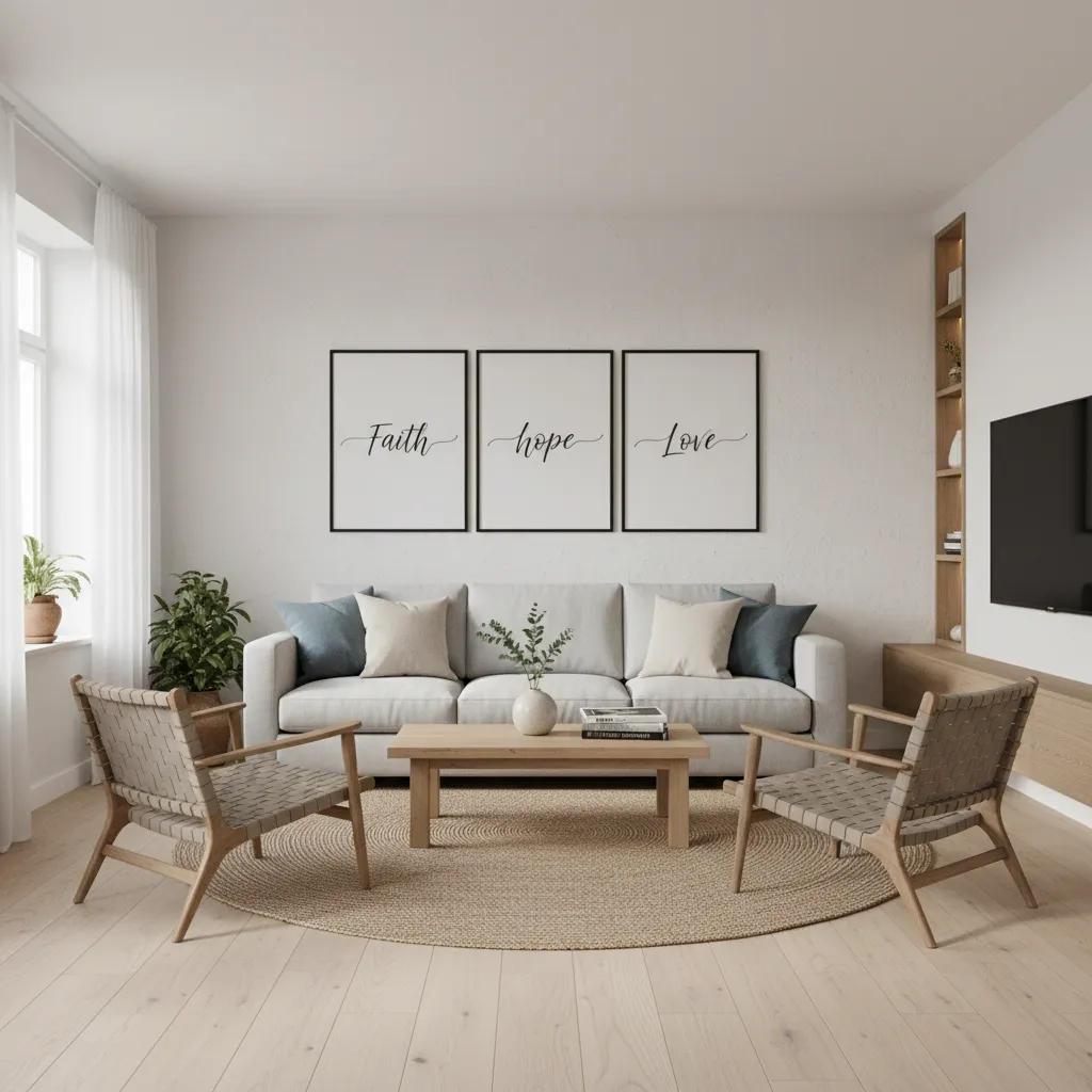 Living room with large framed scripture wall art above couch