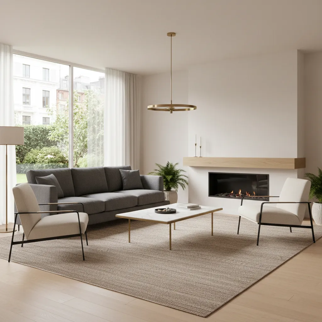 living room seating arrangement with sofa chairs and coffee table around focal point