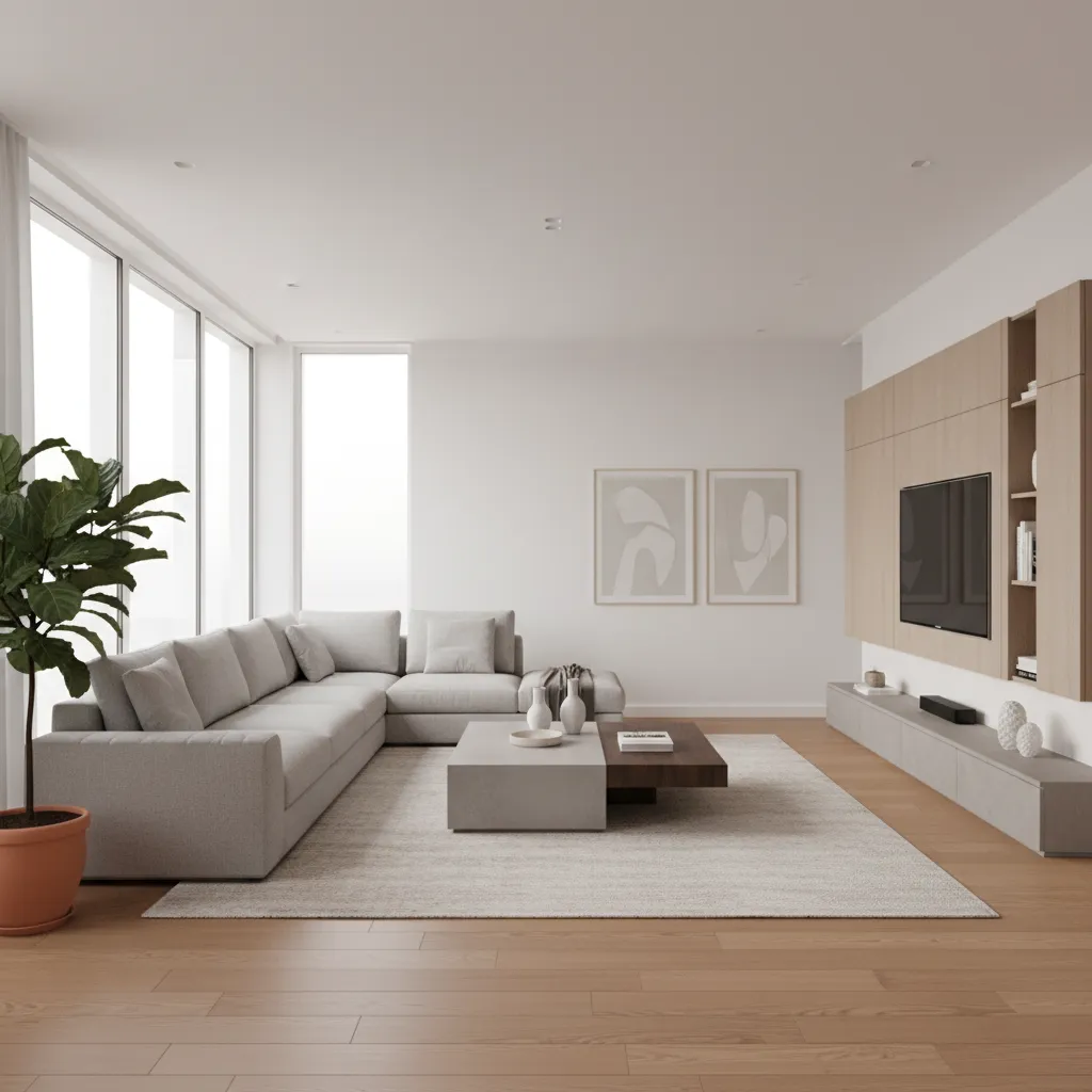 Bright living room with grey sofa wooden floor large windows floor plant and wall television