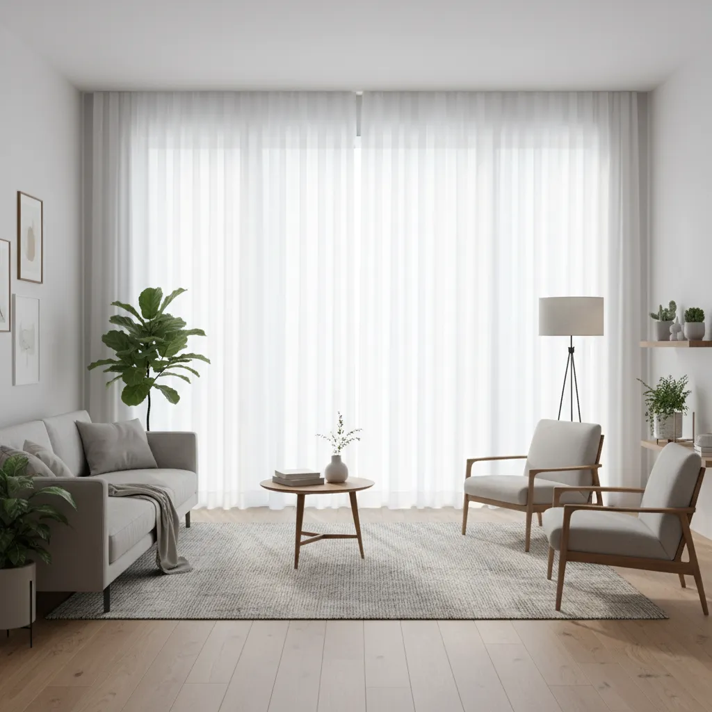 bright living room with sheer white curtains and natural sunlight