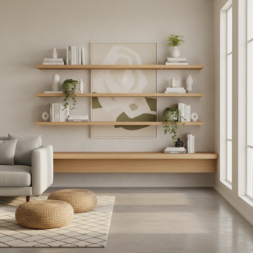 Living room shelving layout above console table showing balanced shelf arrangement
