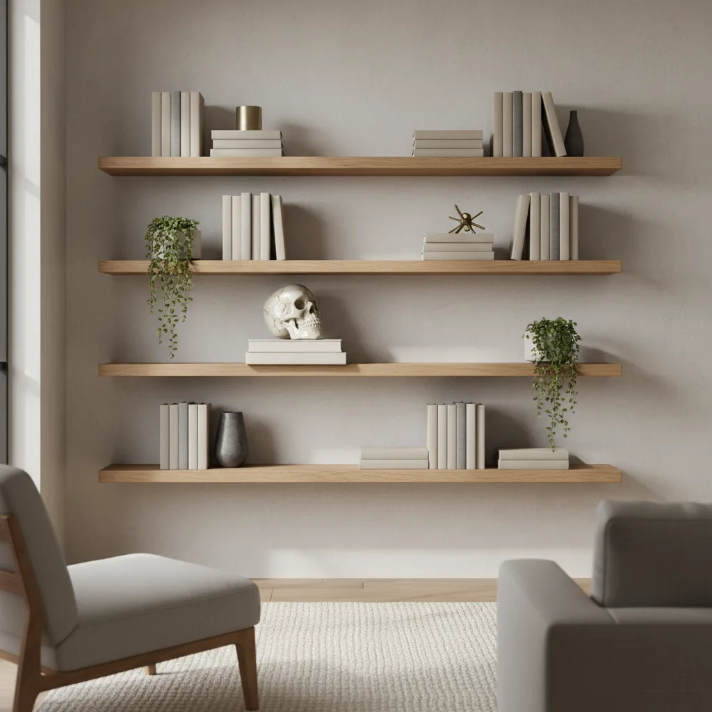 Modern living room shelf with ceramic skull sculpture styled with books and plants