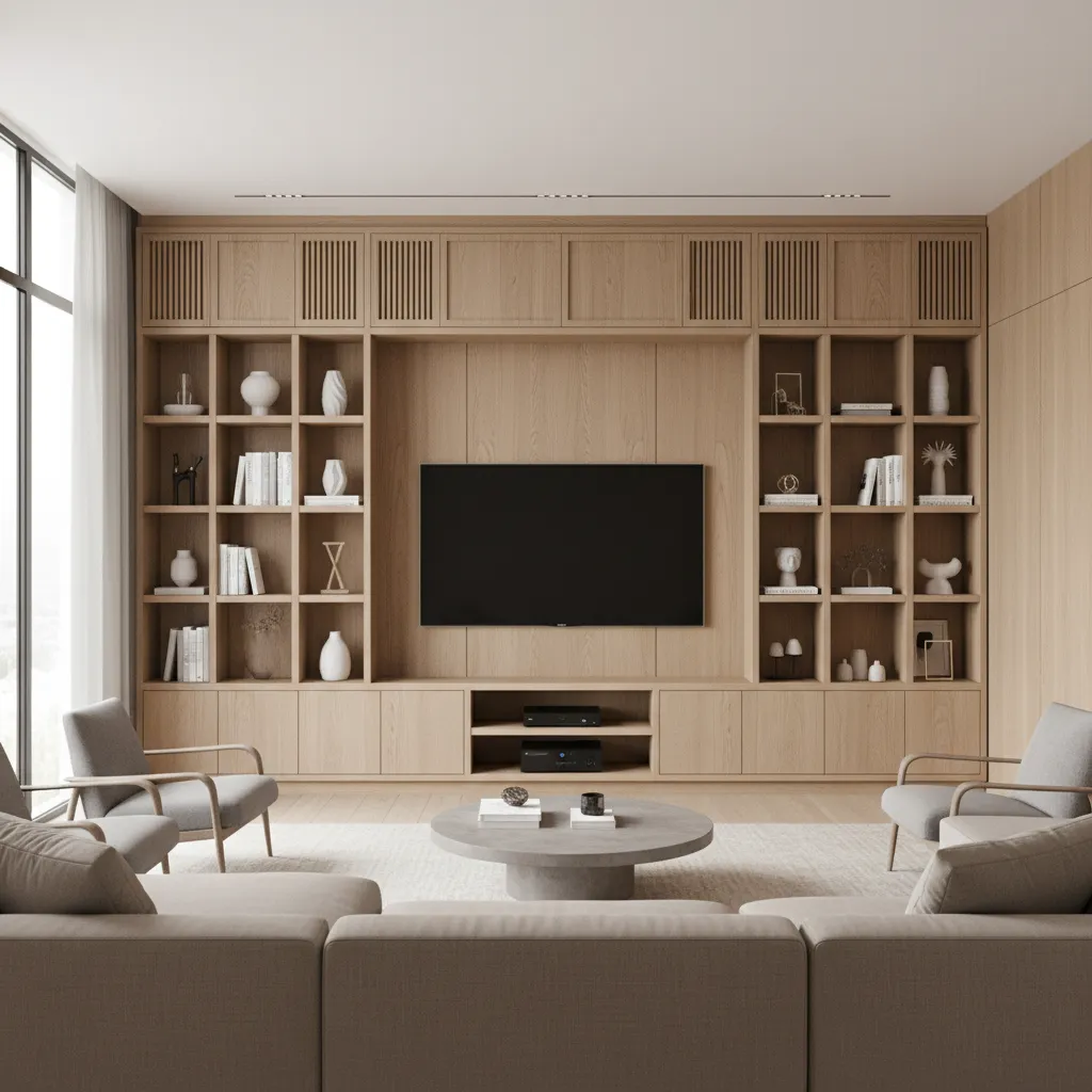 designed layout of a wooden showcase wall with shelves and storage