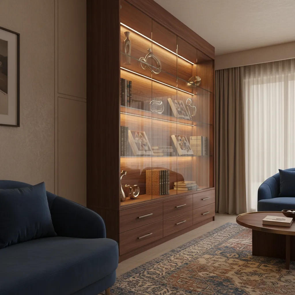 decorative showcase shelves with warm LED lighting in living room