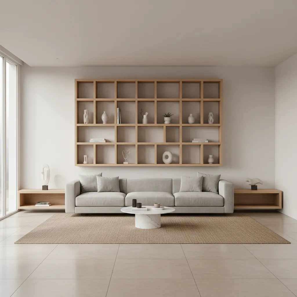 living room wall mounted showcase proportion layout above sofa