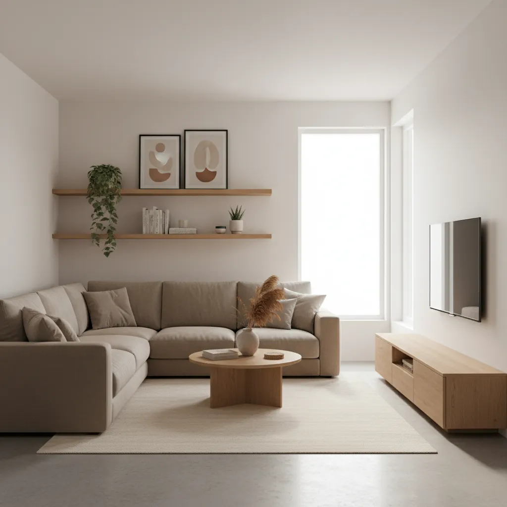 Balanced living room layout showing decorated side wall with shelves and sofa