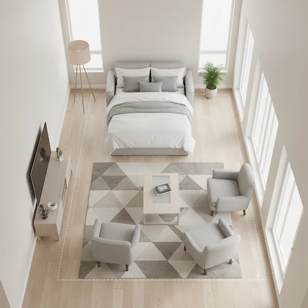 Living room layout showing clearance space required for sleeper sofa bed