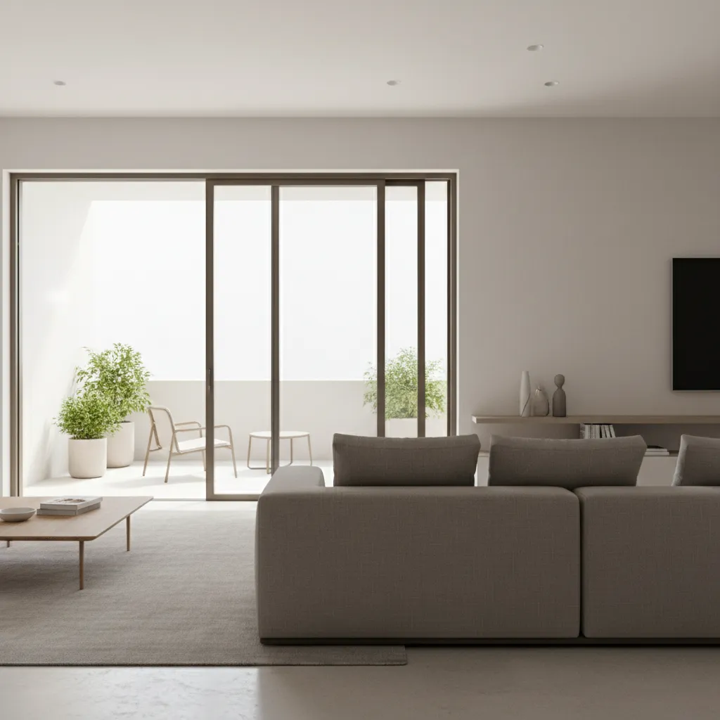 Living room where furniture blocks access to sliding glass doors