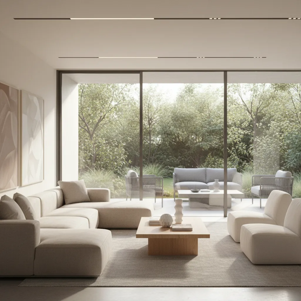 Living room sofa facing sliding glass doors with patio garden view