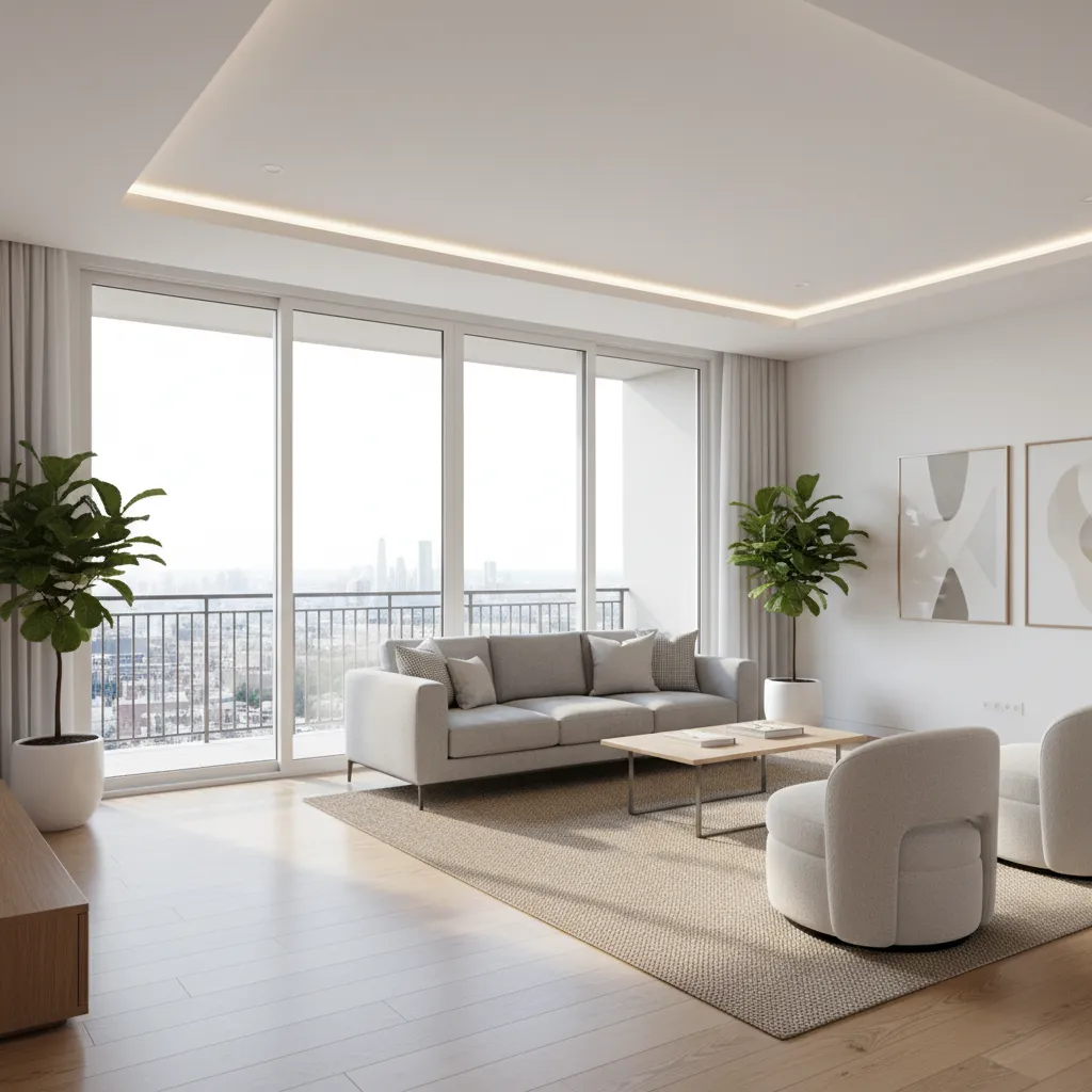 Living room with sliding glass doors and clear walkway space