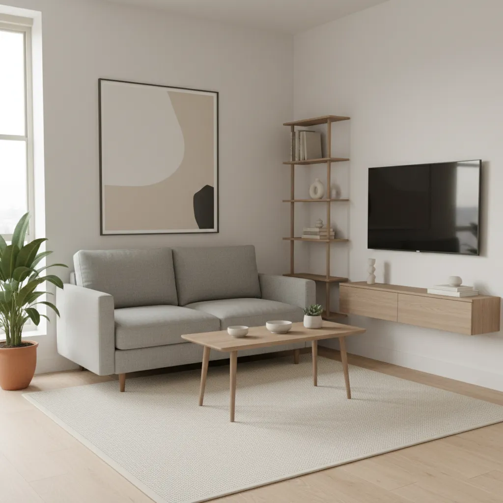 Sala de departamento pequeño con muebles proporcionales