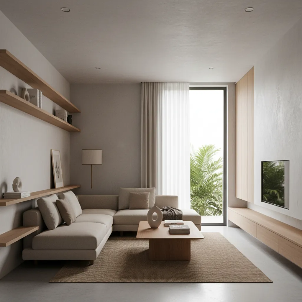 Minimalist living room with beige sofa wooden coffee table wall shelves and a large window