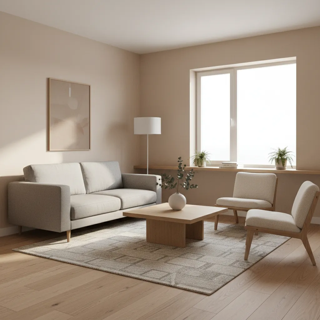 Minimalist living room with grey sofa wooden coffee table floor lamp patterned rug and window