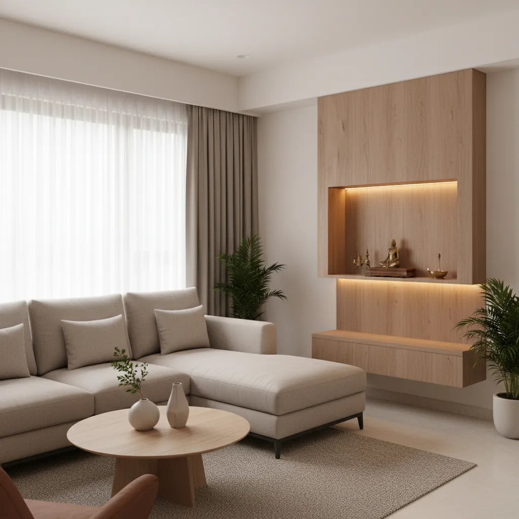 small pooja space integrated into a modern apartment living room wall