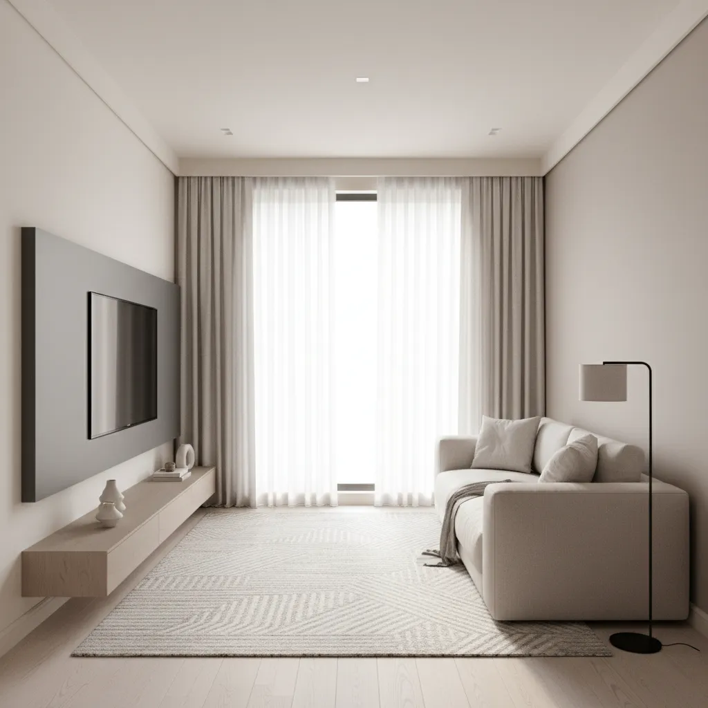 Modern narrow living room featuring beige sofa floor lamp mounted television wooden cabinet and curtains