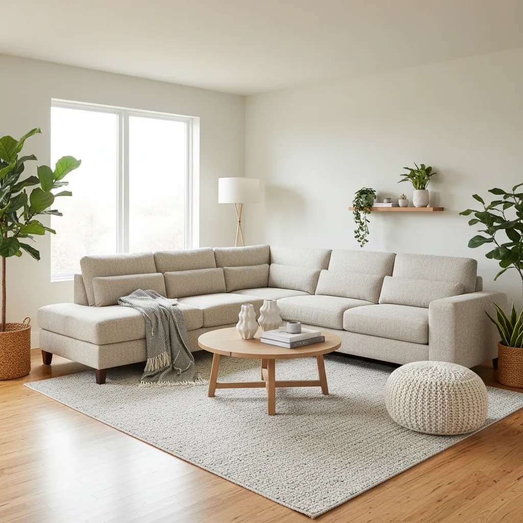 Bright living room with beige sectional sofa, round coffee table, white footrest, and green plants