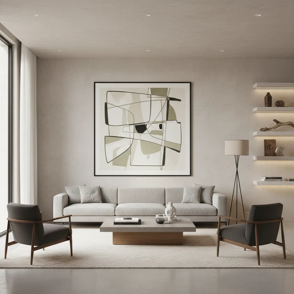 Minimalist living room with light sofa, grey chairs, large wall art, and coffee table design