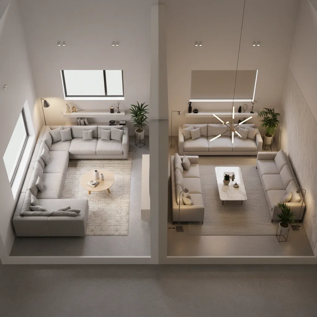 living room layout comparison showing sofa color placement and lighting impact