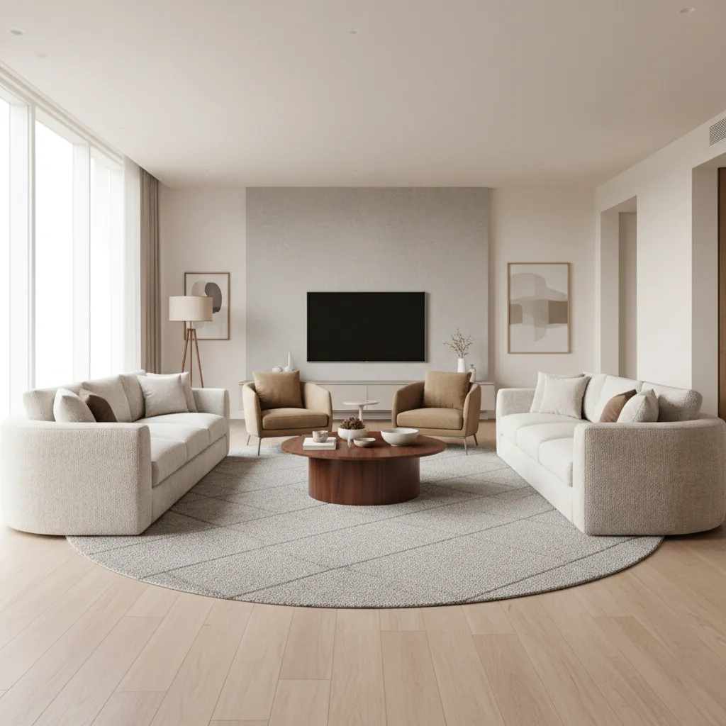 Modern living room with two white sofas, two tan chairs, round coffee table, and television