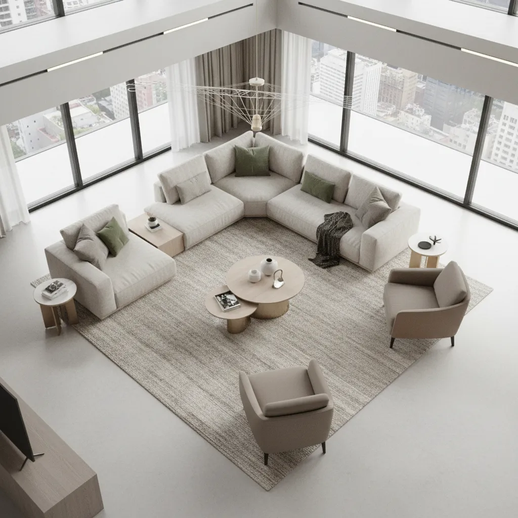 Living room sofa layout with sectional and accent chairs