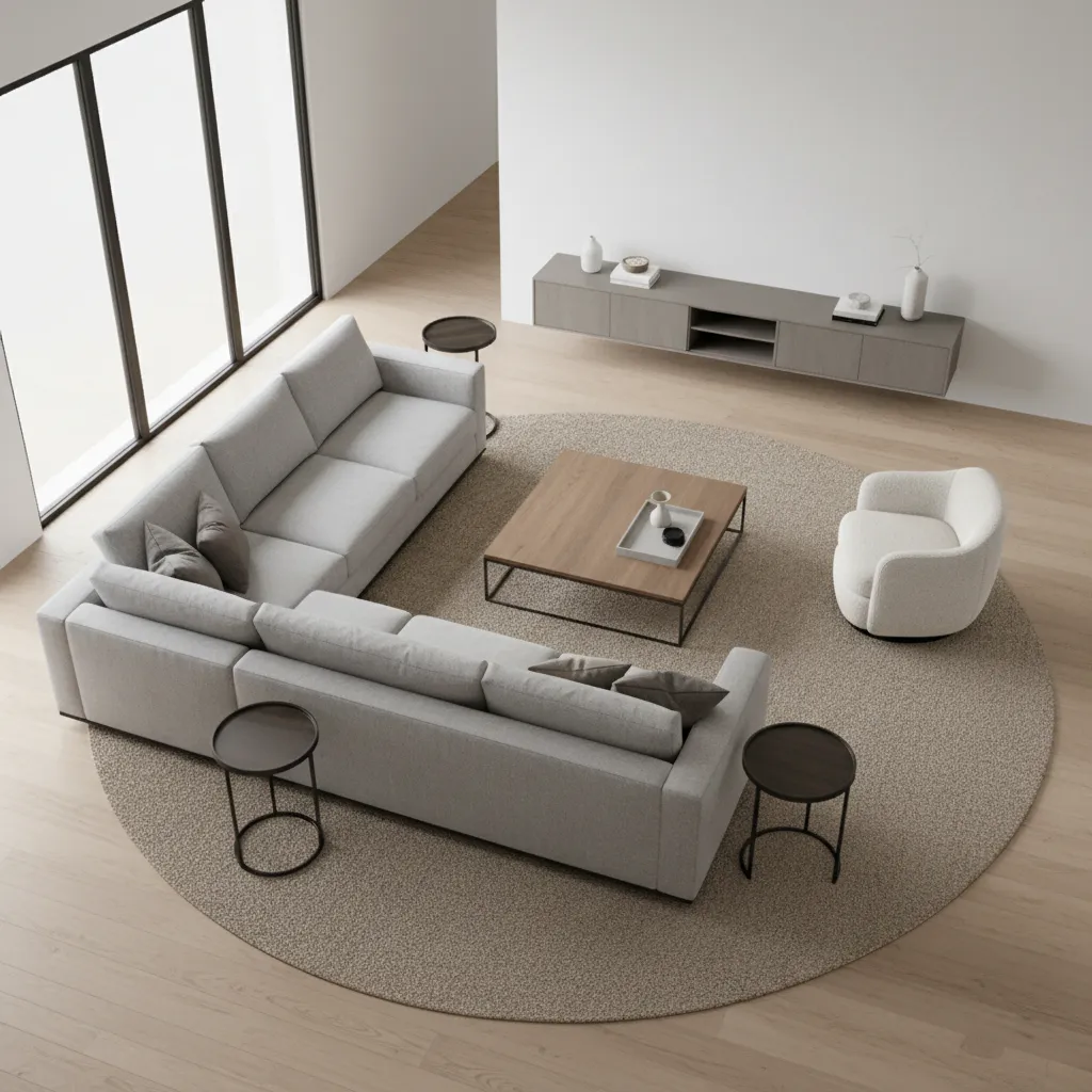 Interior design drawing showing large grey sofa, round rug, square coffee table, chair, and cabinet
