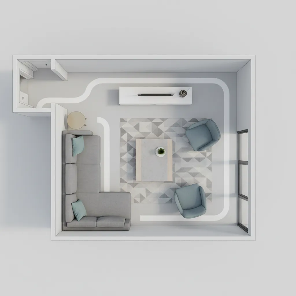 Living room layout showing sofa placement and walking space