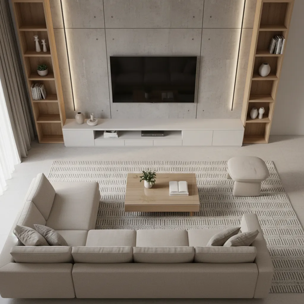Modern living room with beige sofa, wooden coffee table, patterned rug, and wall mounted television