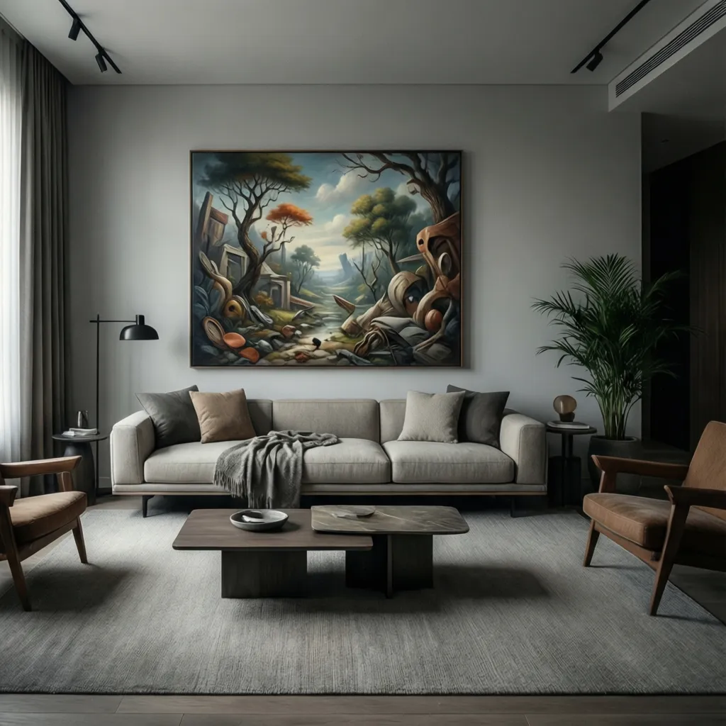 Living room with beige sofa, nature painting, wood chairs, green plant, and dark coffee table