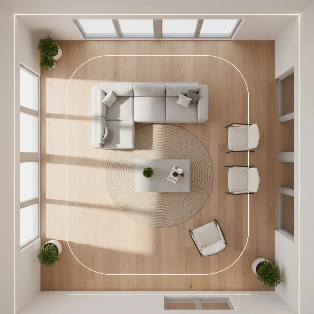 Plano de distribución de una sala de estar con muebles organizados