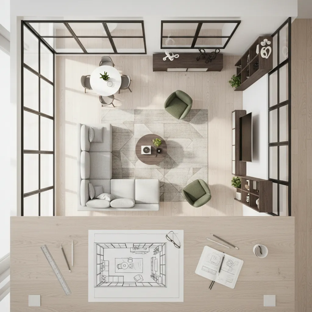 Plano de distribución de un salón con diferentes opciones de mobiliario