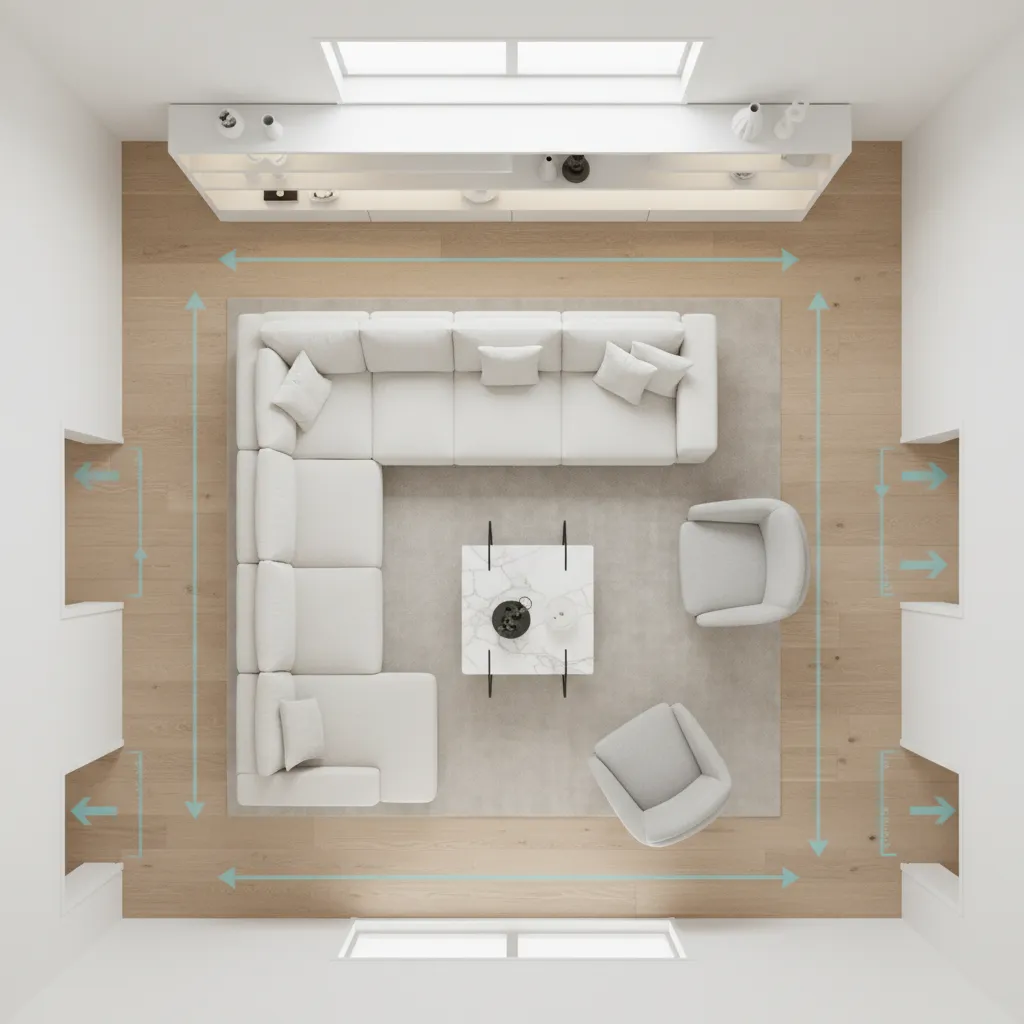 Living room layout planning showing circulation paths and furniture placement