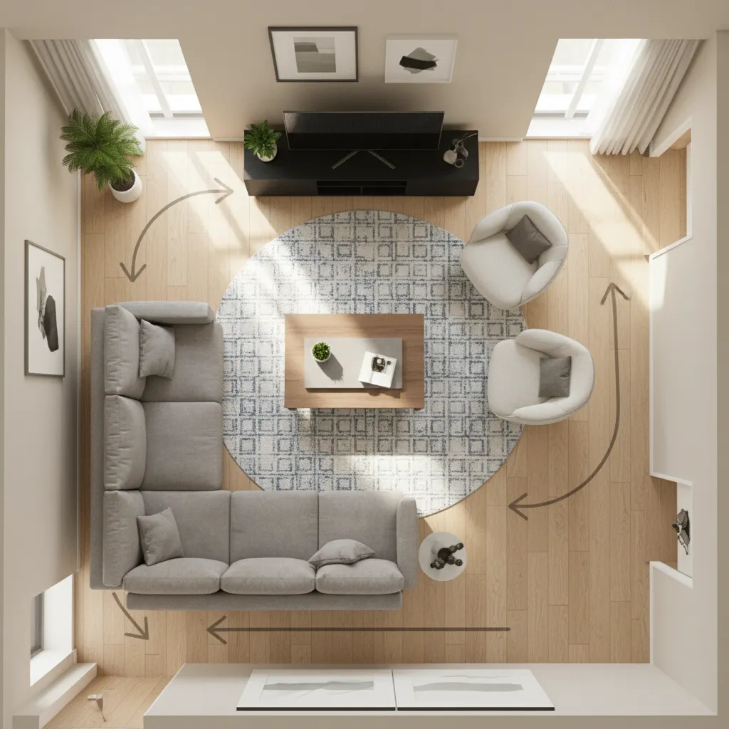 Top down living room layout showing grey sofa round rug armchairs and movement flow arrows