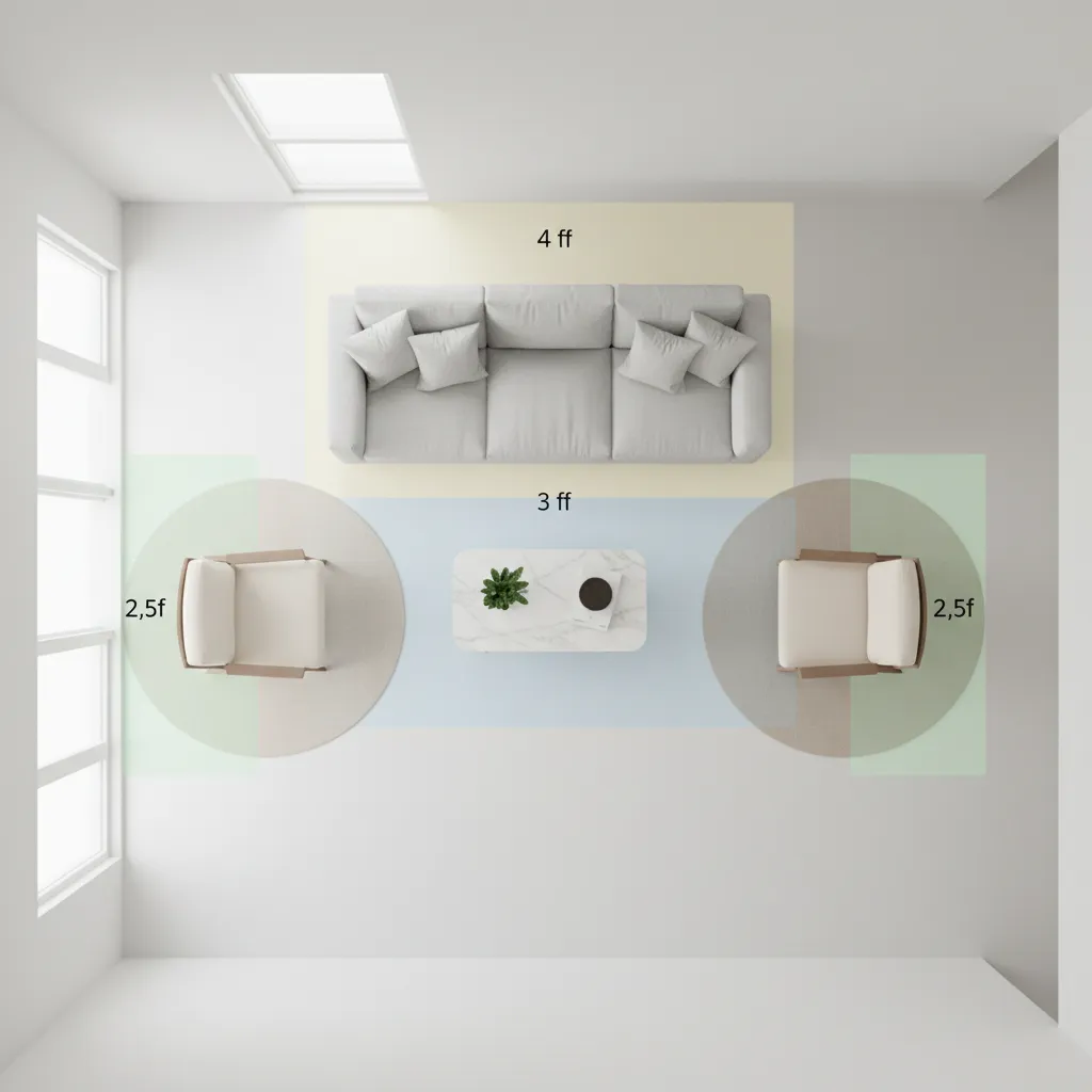 Living room layout diagram showing spacing between sofa coffee table and walking areas