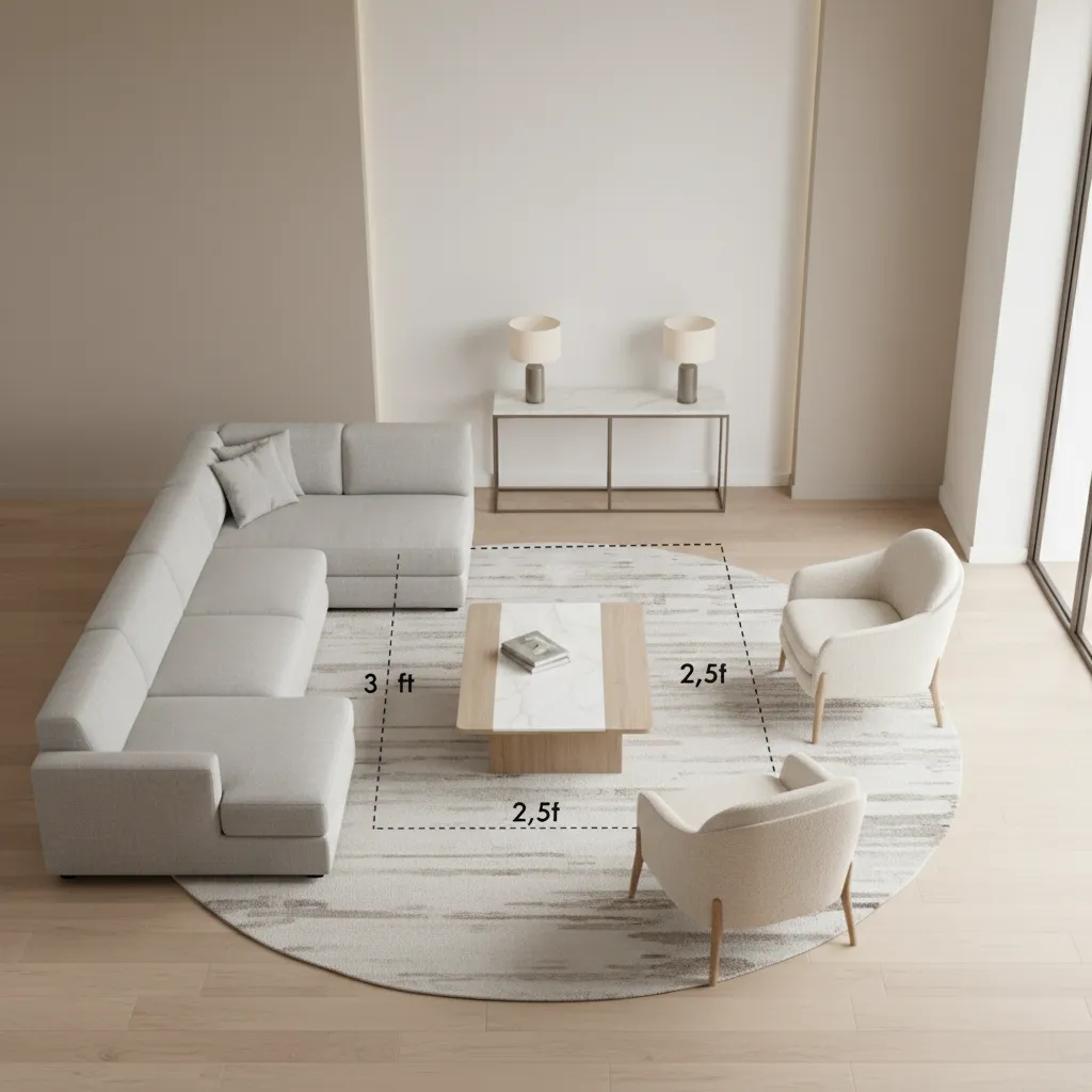 Living room layout showing proper furniture spacing measurements