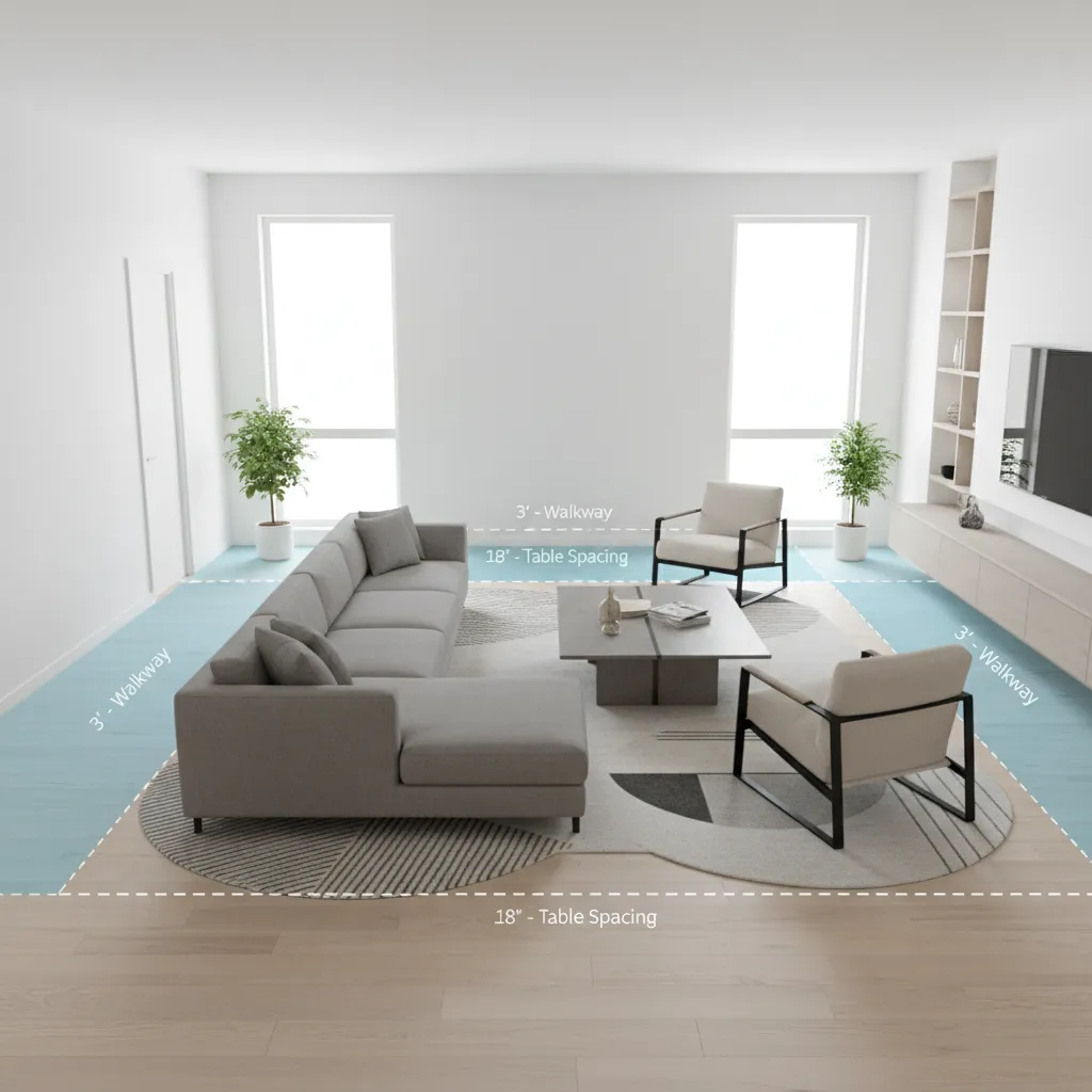 living room furniture spacing diagram showing walkway and coffee table distance