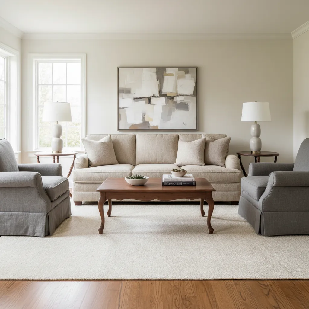 Typical living room layout with sofa, chairs, and coffee table