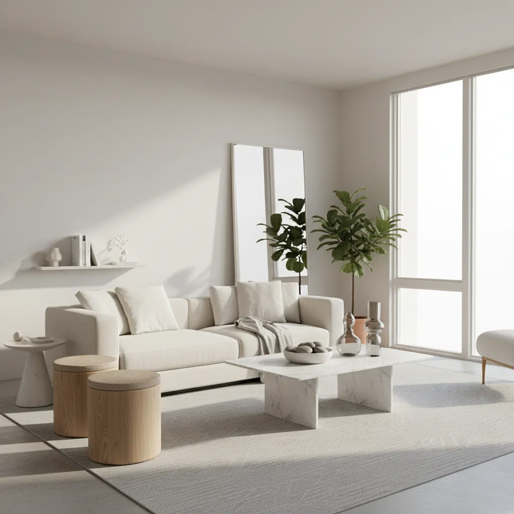Two small stools used instead of an accent chair in a living room layout