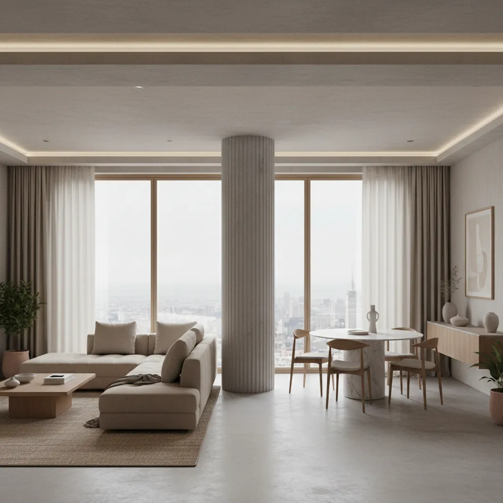 Open concept living room with visible structural pillar in center