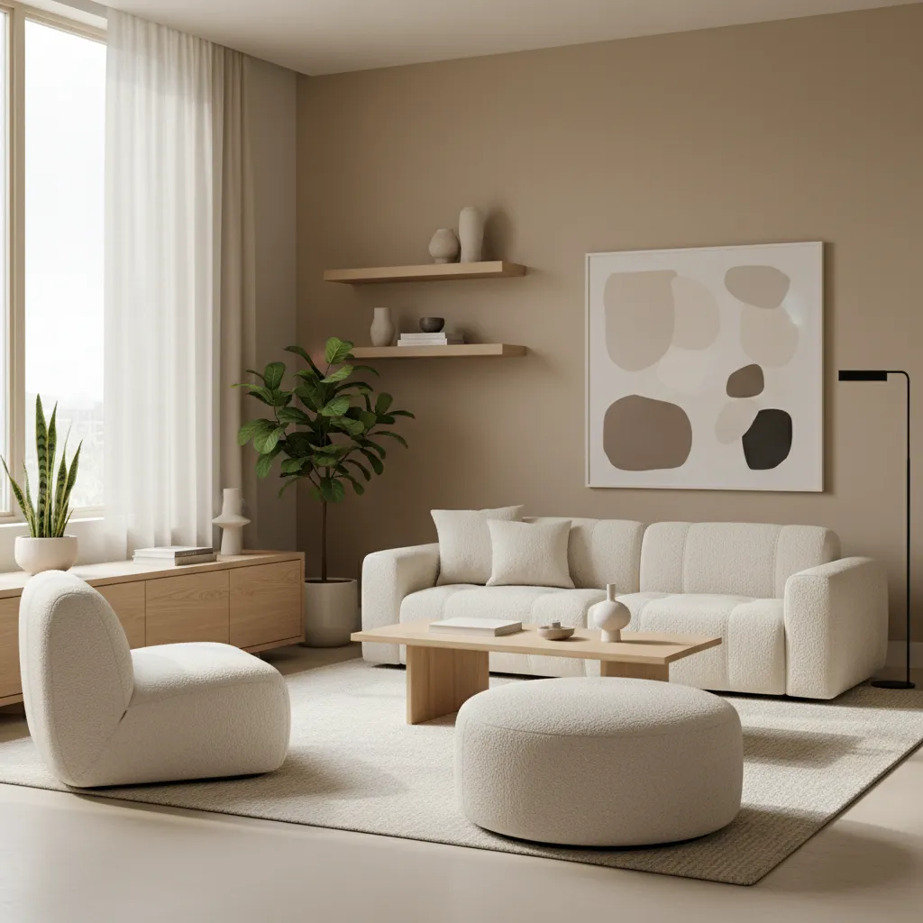 Salón moderno con mezcla equilibrada de materiales naturales y estilo contemporáneo