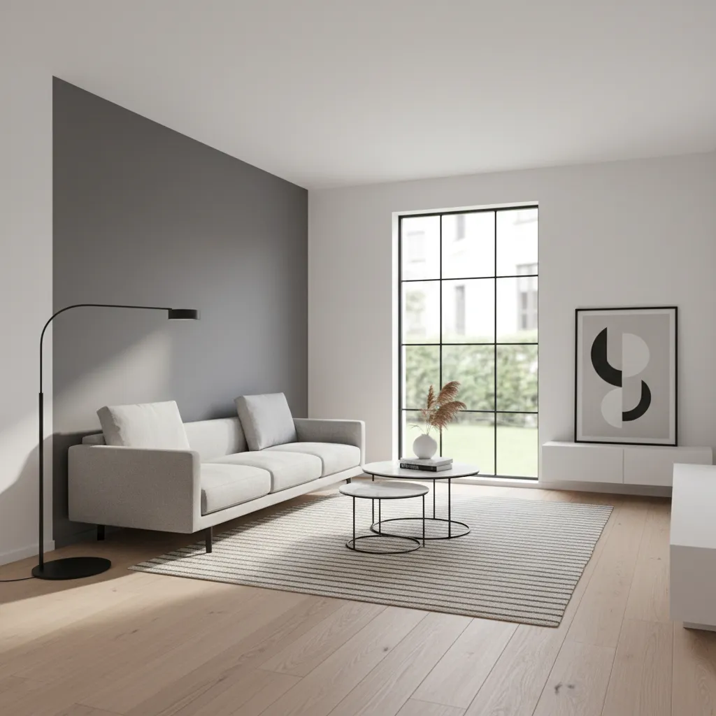 stylish modern living room with white walls and charcoal accent wall