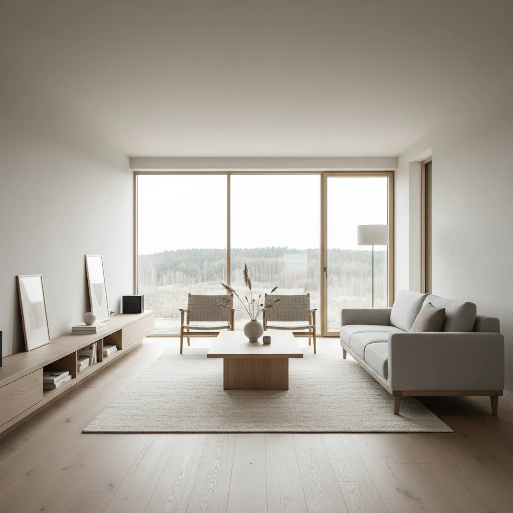 Sala de estar con estilo contemporáneo y materiales naturales