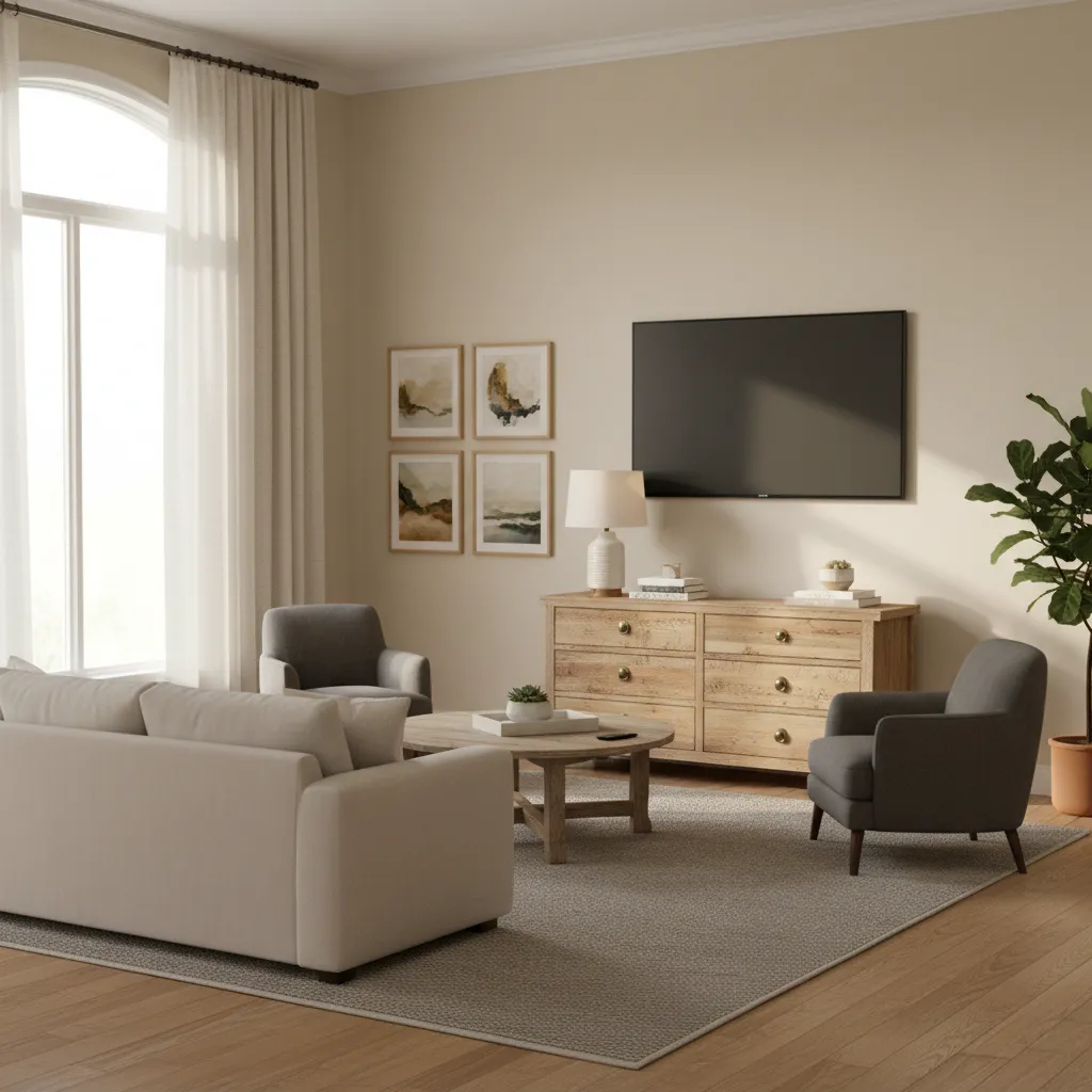 Styled living room using a dresser as a TV stand with decorative accents