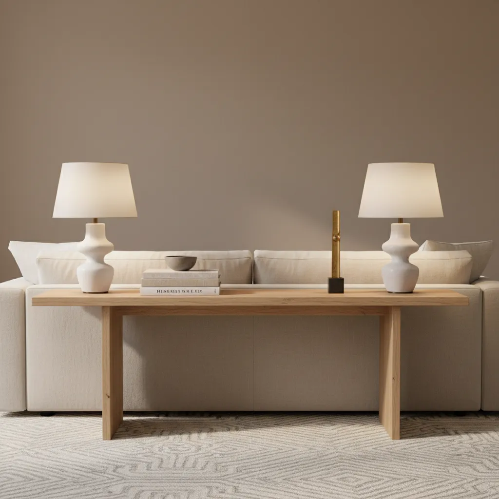 Two table lamps on console table behind sofa creating symmetry