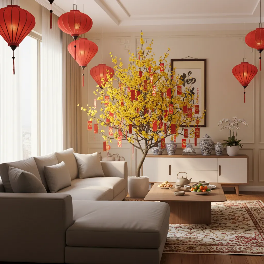 Phòng khách trang trí Tết với cây mai và đèn lồng