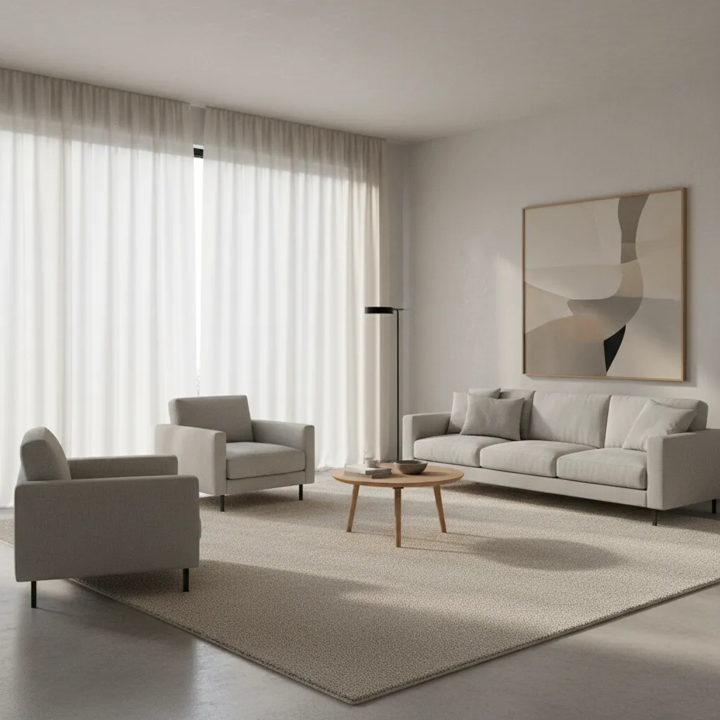 Salón con alfombra gruesa y cortinas largas que mejoran la acústica