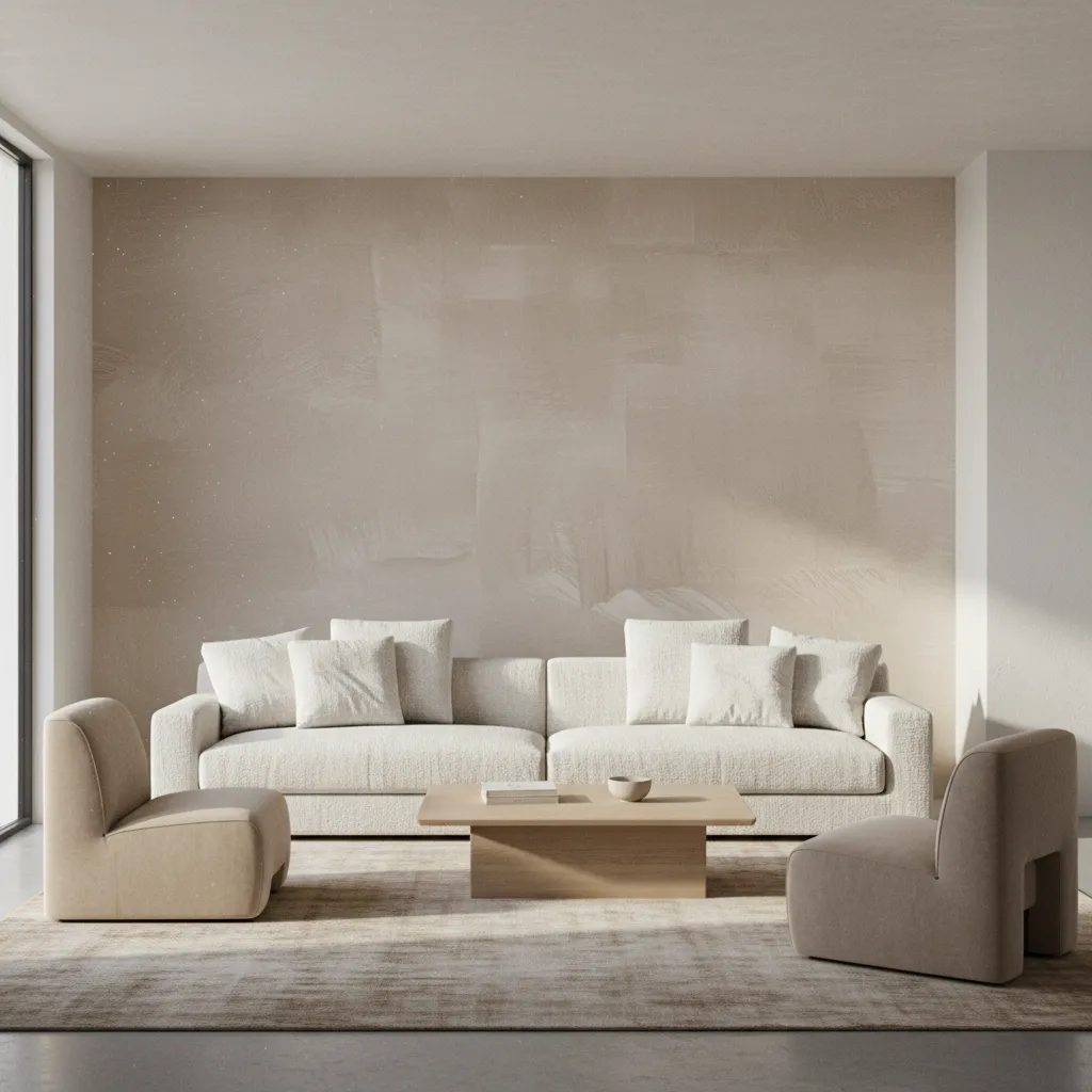 Living room sofa facing a textured accent wall with soft lighting