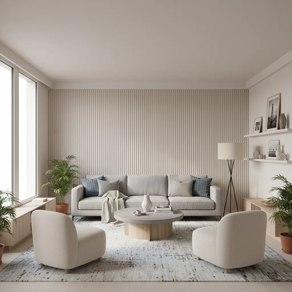 Living room layout showing textured accent wall behind sofa